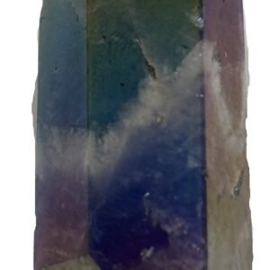 Standing rainbow amethyst aura polished crystal point 12 sians emporium Polished rainbow amethyst aura quartz generator point showing iridescent green violet and gold metallic sheen over natural chevron banding